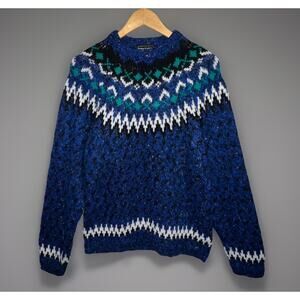 Vtg Peter England Fair Isle Sweater Blue Green White Acrylic Knit Pullover Sz L